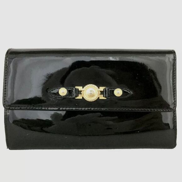 Black authentic VERSACE Sunburst Patent Leather Long Bifold Wallet